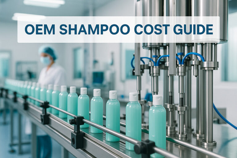 shampoo manufacturing factory scene, automated filling machines with shampoo bottles on a production line