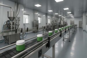 Clean and modern hair wax production workshop with a stainless steel conveyor line carrying green containers, under bright lighting in an industrial environment.