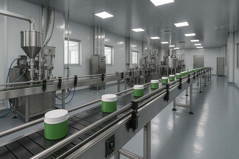Clean and modern hair wax production workshop with a stainless steel conveyor line carrying green containers, under bright lighting in an industrial environment.
