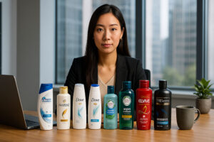 multiple popular shampoo bottles (Head & Shoulders, Pantene, Dove, Herbal Essences, L’Oréal Elvive, TRESemmé) arranged across the desk beside a laptop