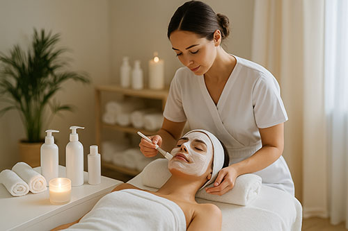 Esthetician applying a facial treatment in a calm spa room with towels and professional skincare bottles on a side table