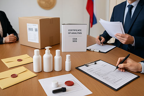 Government procurement officers reviewing skincare samples with sealed tenders, compliance binders, checklists and shipping carton in a formal meeting room