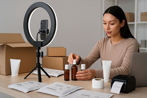 Influencer filming a skincare unboxing with a ring light and smartphone, surrounded by shipping boxes, mailers, and products for e commerce fulfillment