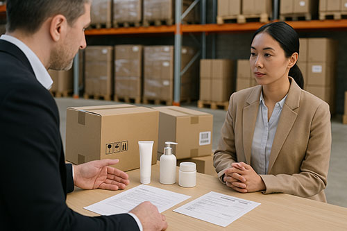 Wholesale buyers reviewing skincare samples and shipping cartons in a clean warehouse with pallets and documents on the table